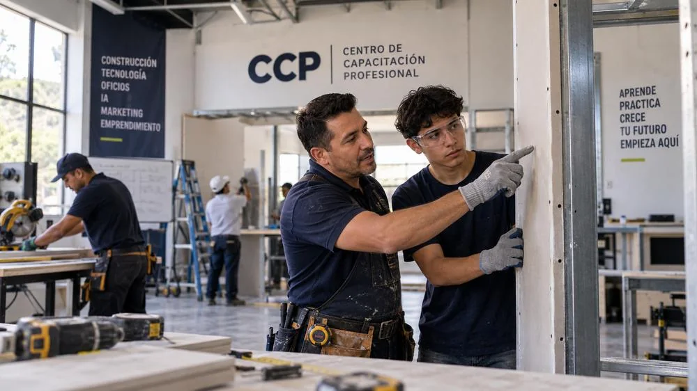 Instructor y estudiante de CCP practicando instalación de drywall