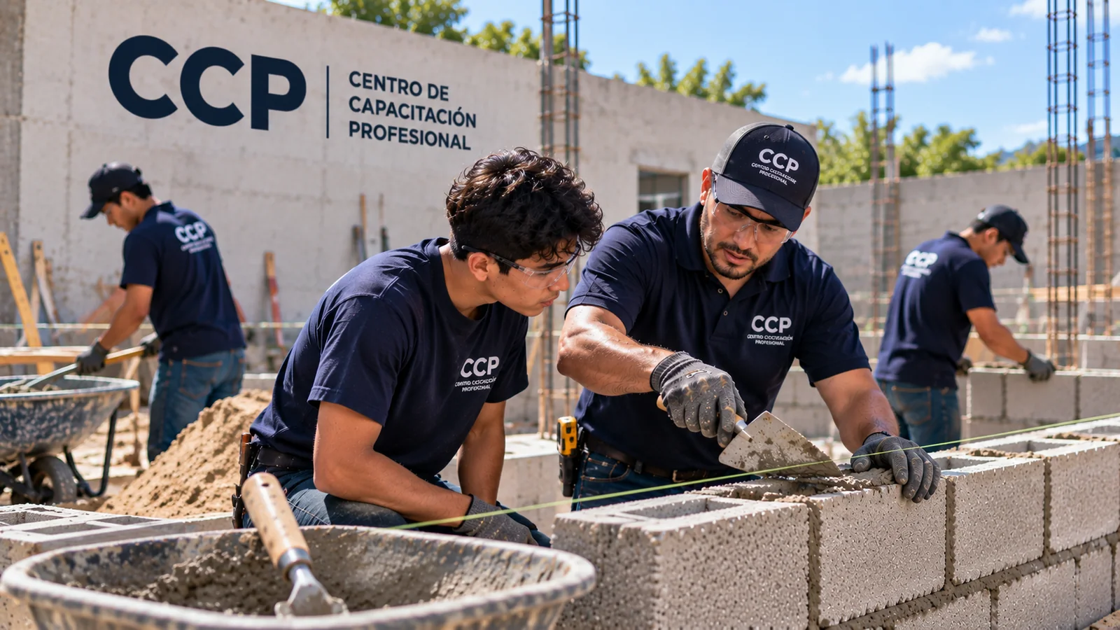 Instructor y estudiante de CCP construyendo un muro de bloques