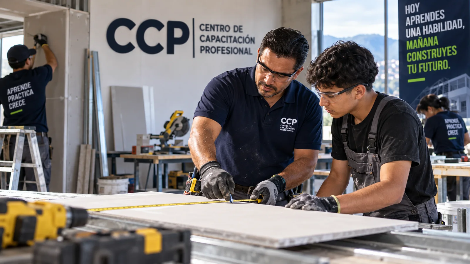 Instructor y estudiante de CCP midiendo drywall en taller
