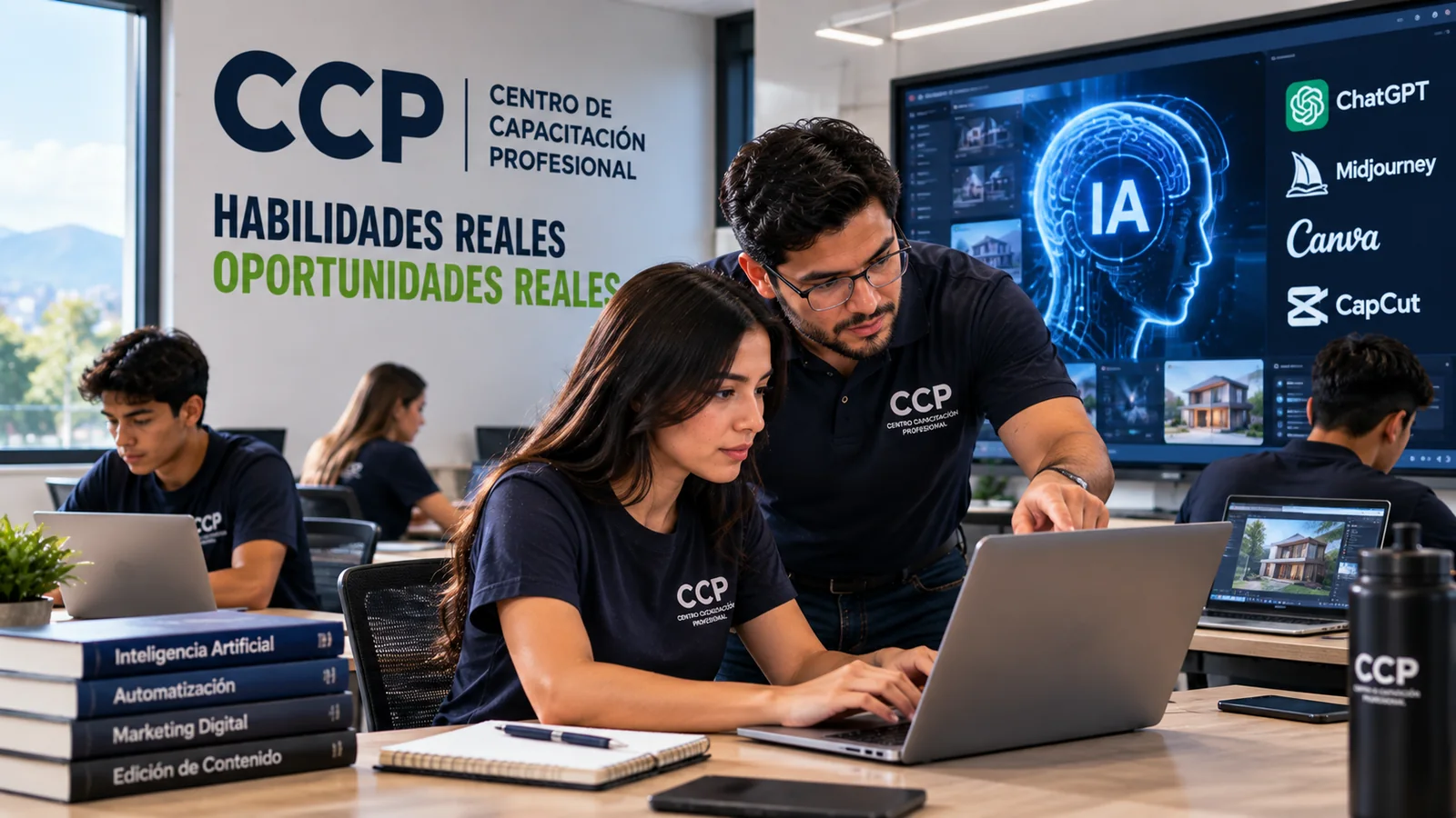 Instructor y estudiante de CCP usando herramientas de inteligencia artificial en laptop
