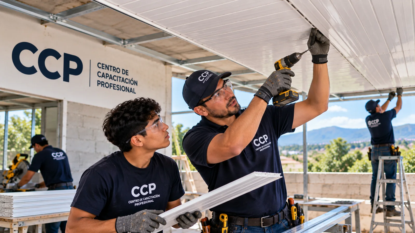 Estudiantes de CCP instalando cielo falso de PVC